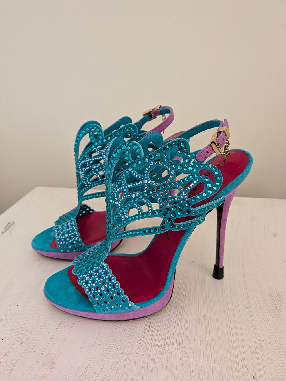 Cesare Paciotti Turquoise and Pink Crystal Embellished Women's High Heel Sandals